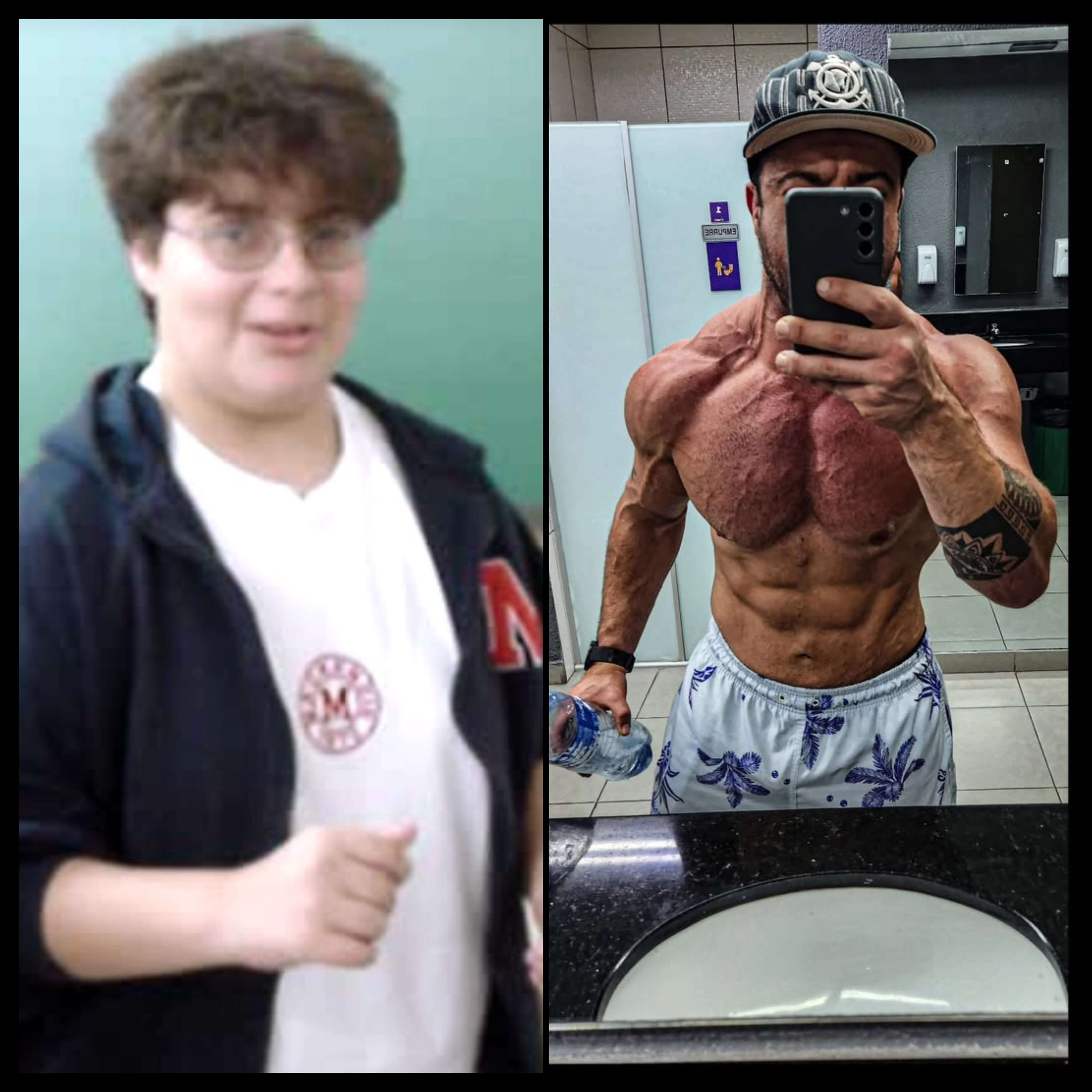 Montinho antes e depois: à esquerda, adolescente acima do peso; à direita, adulto com a composição corporal transformada após perder mais de 40 kg
