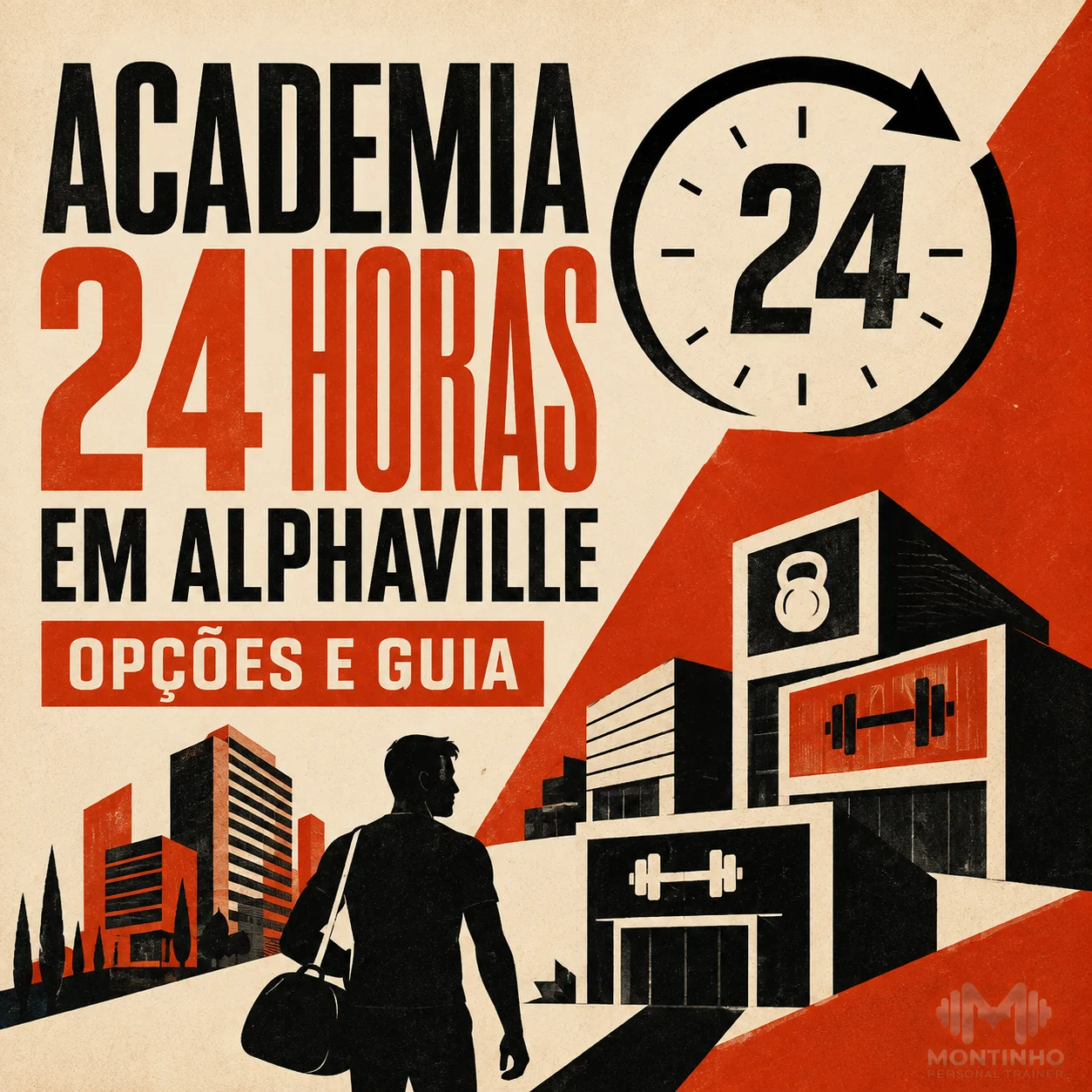 Arte de capa ilustrada do artigo Academia 24 Horas em Alphaville — Montinho Personal Trainer