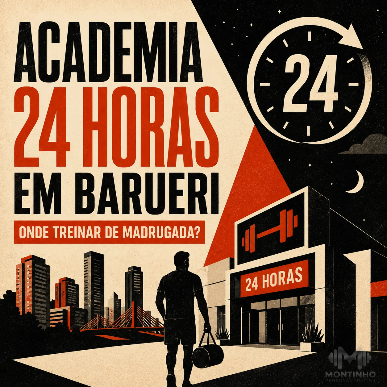 Arte de capa ilustrada do artigo Academia 24 Horas em Barueri — Montinho Personal Trainer