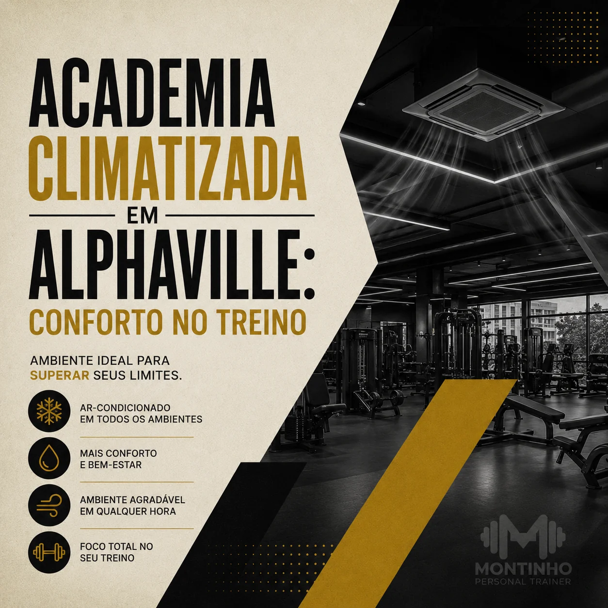 Arte de capa ilustrada do artigo Academia Climatizada em Alphaville — Montinho Personal Trainer