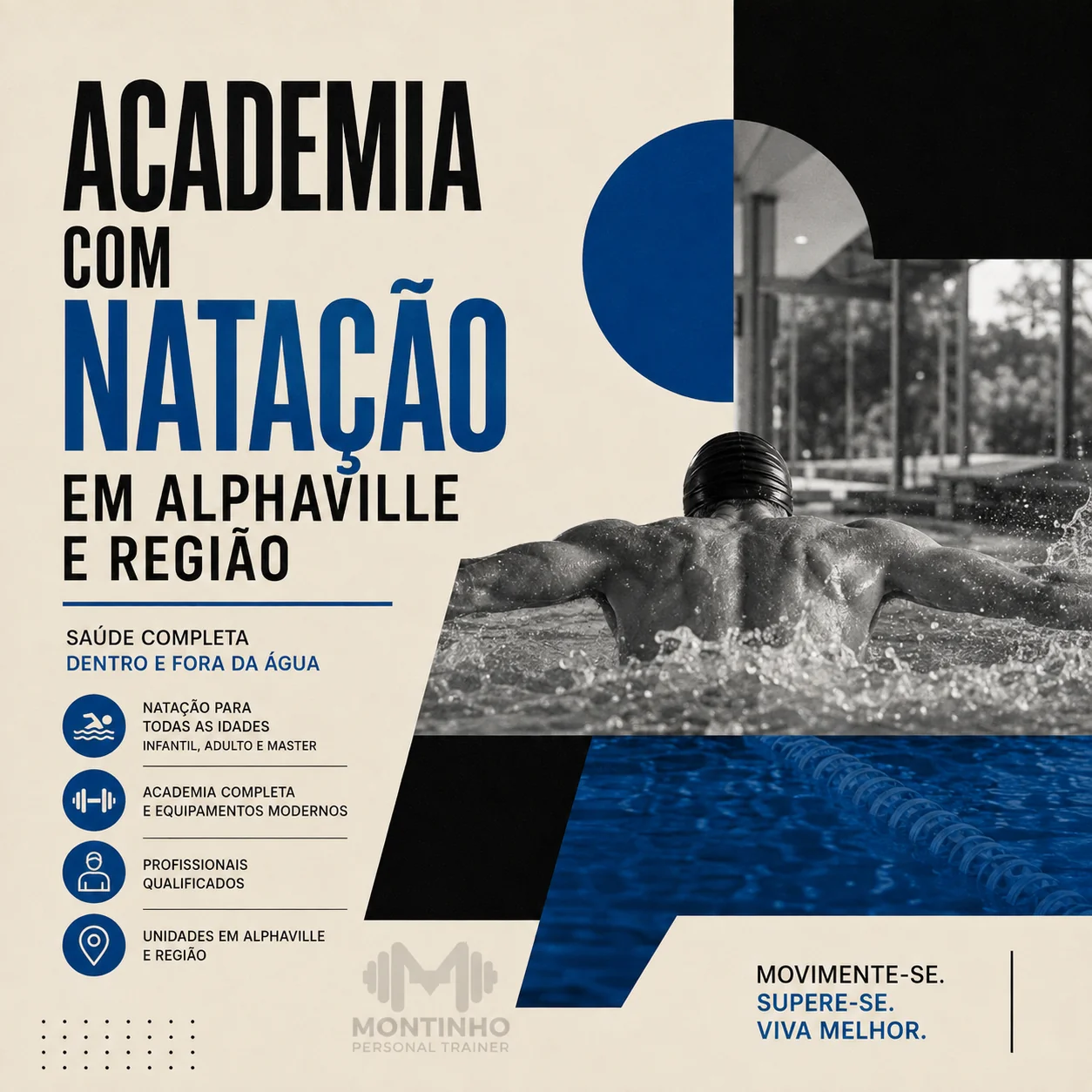 Arte de capa ilustrada do artigo Academia com Natação em Alphaville e Região — Montinho Personal Trainer