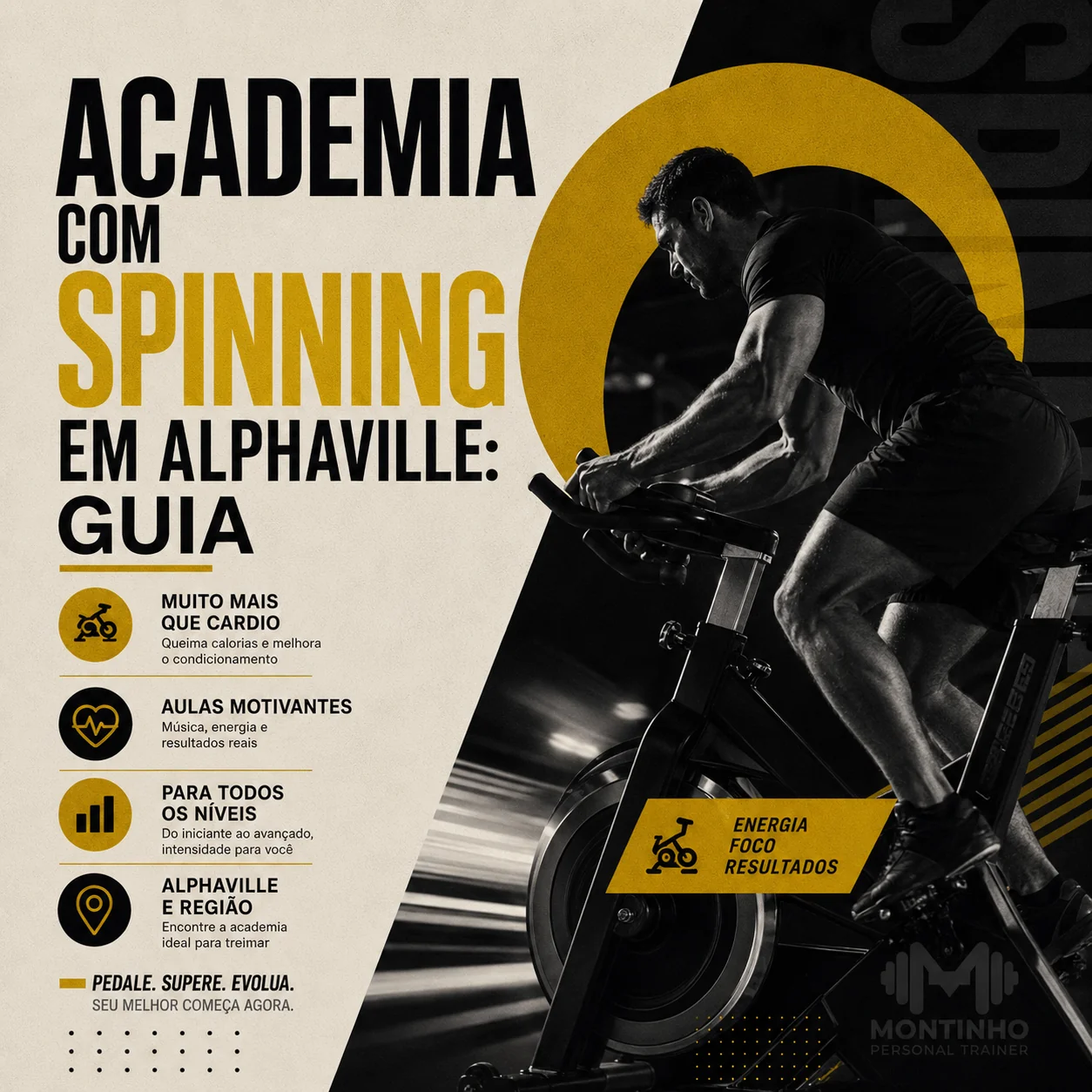 Arte de capa ilustrada do artigo Academia com Spinning em Alphaville — Montinho Personal Trainer