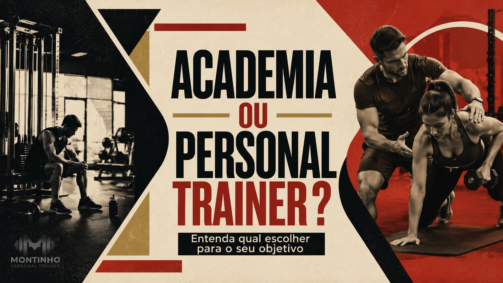 Arte de capa ilustrada comparando treinar sozinho na academia e treinar com personal trainer