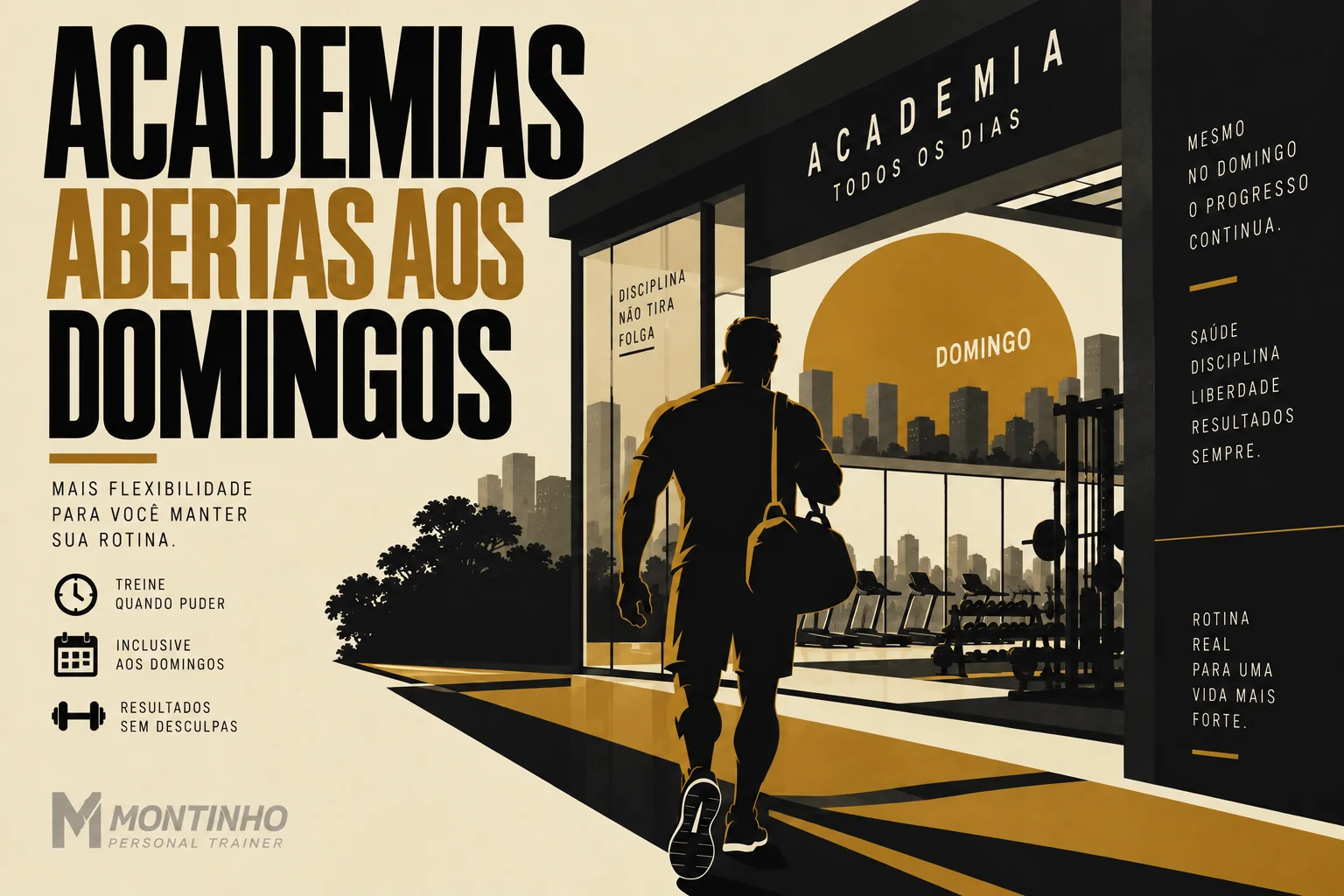 Arte de capa ilustrada: pessoa entrando na academia num domingo, com destaque para flexibilidade de horário e rotina de treino