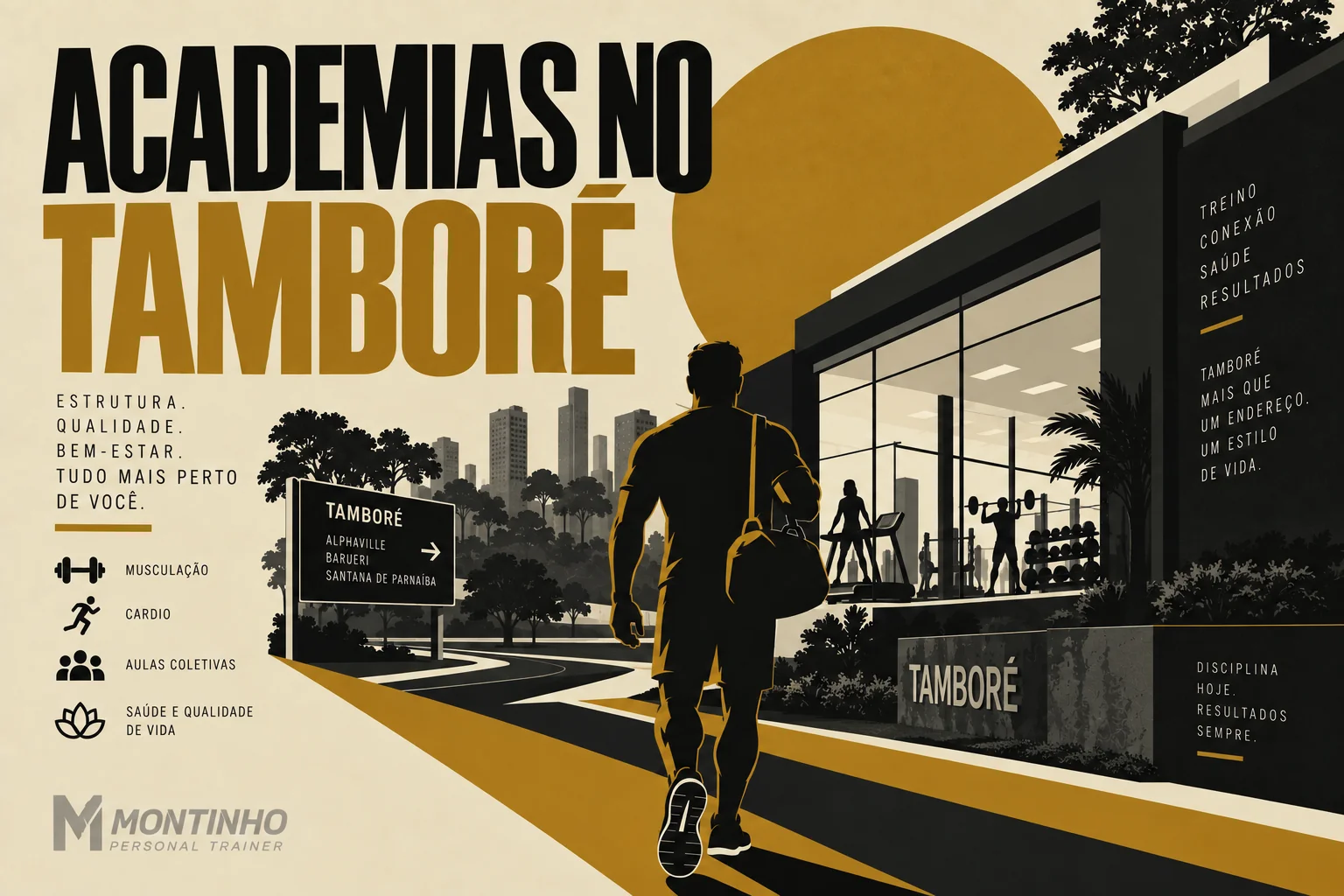 Arte de capa ilustrada das academias do Tamboré, com fachada de academia e a região ao fundo