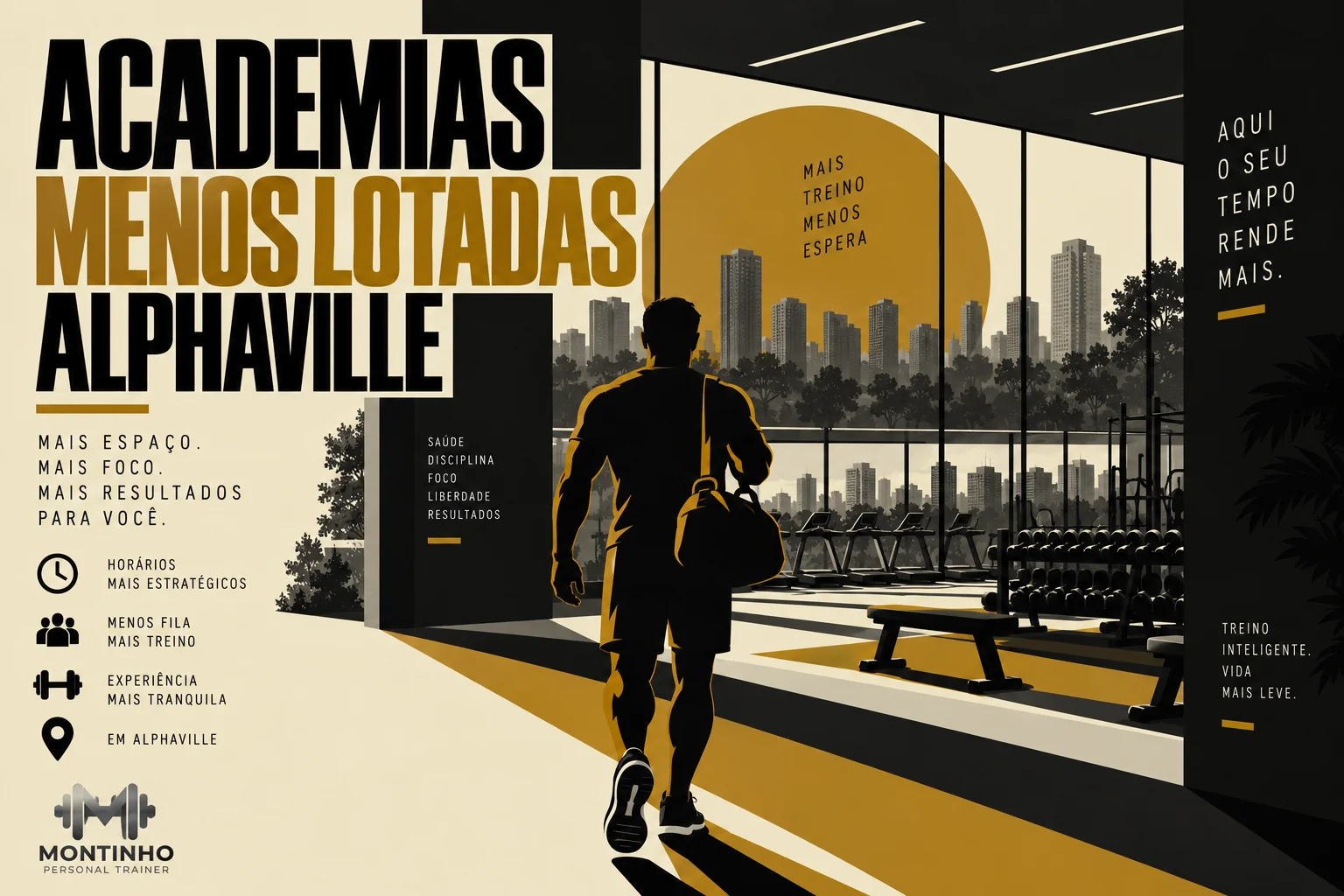 Arte de capa ilustrada sobre academias menos lotadas em Alphaville e os horários de menor movimento