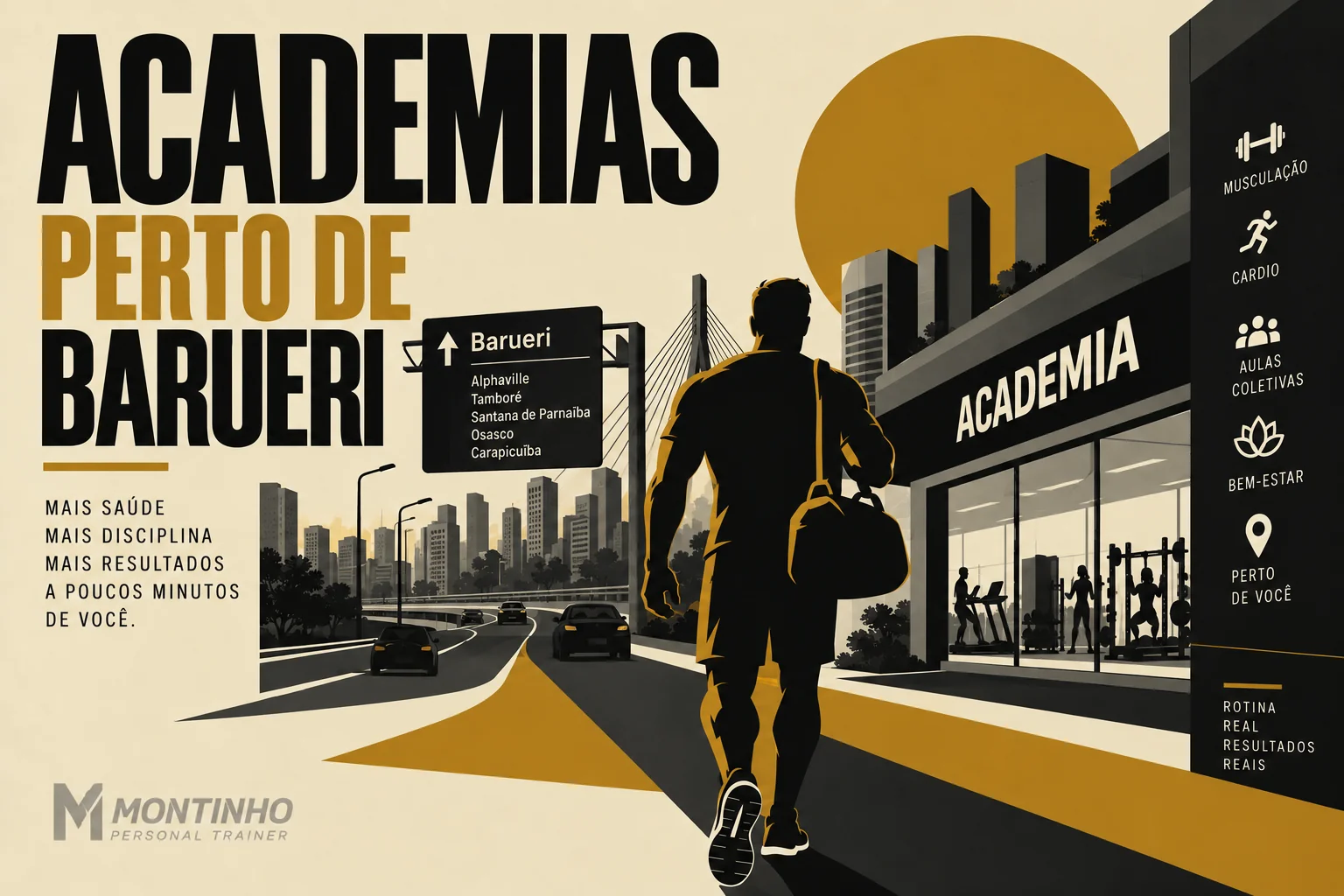 Arte de capa ilustrada sobre as academias próximas a Barueri