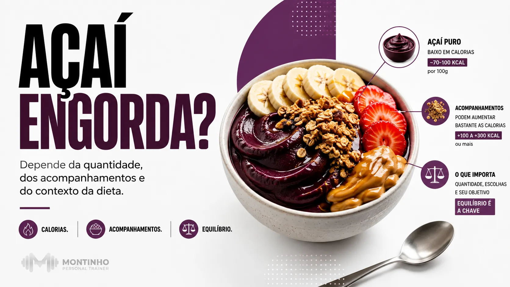 Açaí engorda? Calorias da tigela de açaí com complementos comparadas à polpa pura
