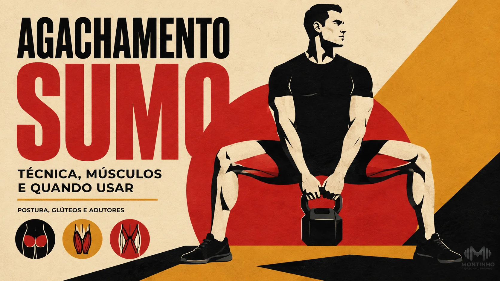 Arte de capa ilustrada: homem executando agachamento sumô com kettlebell, com destaque para postura, glúteos e adutores