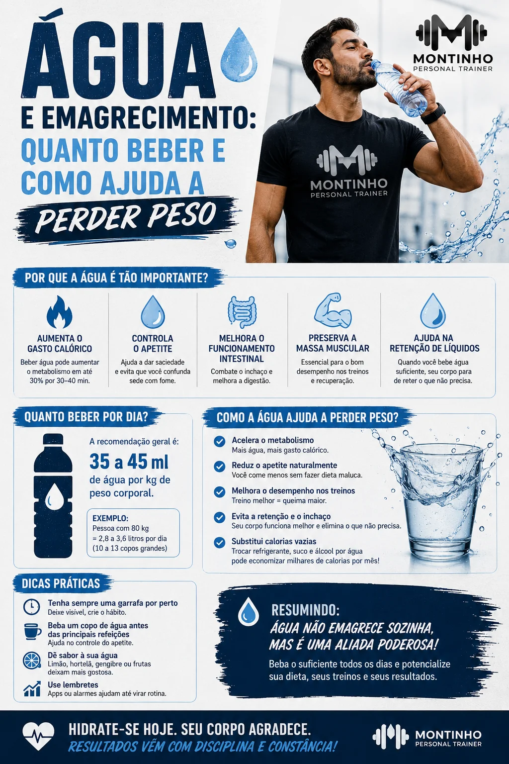 Água e emagrecimento: beber 35 a 45 ml por kg aumenta o gasto calórico, controla o apetite, melhora a digestão, preserva massa muscular e reduz a retenção de líquidos
