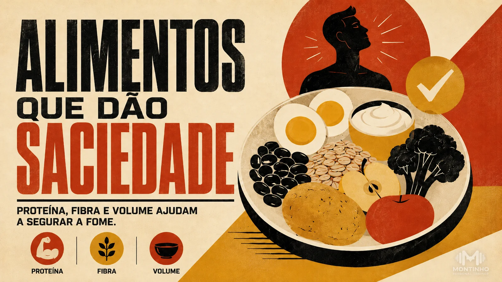 Arte de capa ilustrada com alimentos de alta saciedade — proteínas, fibras e alimentos integrais