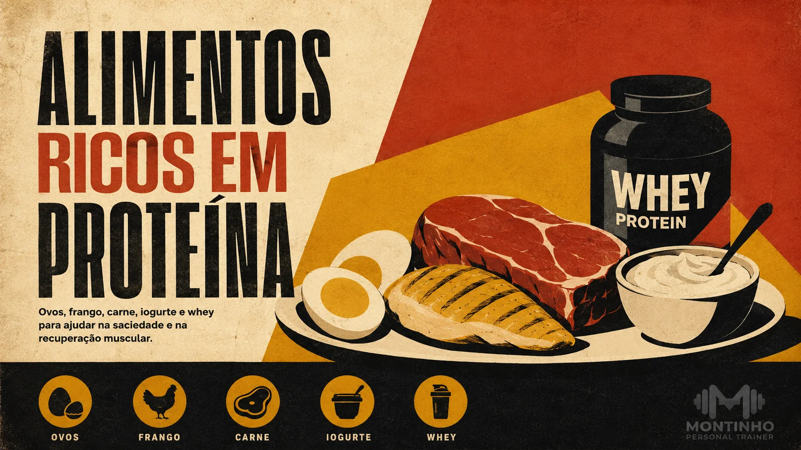 Arte de capa ilustrada com fontes de proteína — ovos, frango, carne, iogurte e whey