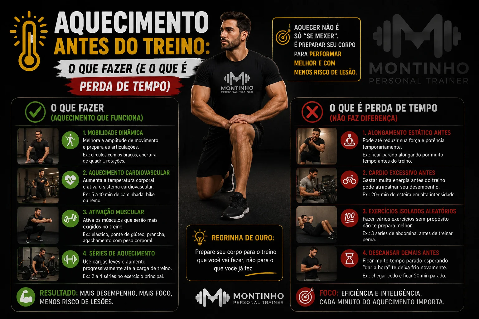 Aquecimento antes do treino: o que funciona (mobilidade dinâmica, aquecimento cardiovascular leve, ativação muscular e séries de aproximação) e o que é perda de tempo (alongamento estático, cardio excessivo)