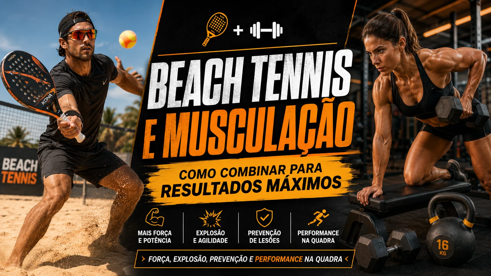 Arte de capa: atletas jogando beach tennis na areia e treinando musculação, ilustrando força, explosão e prevenção de lesões