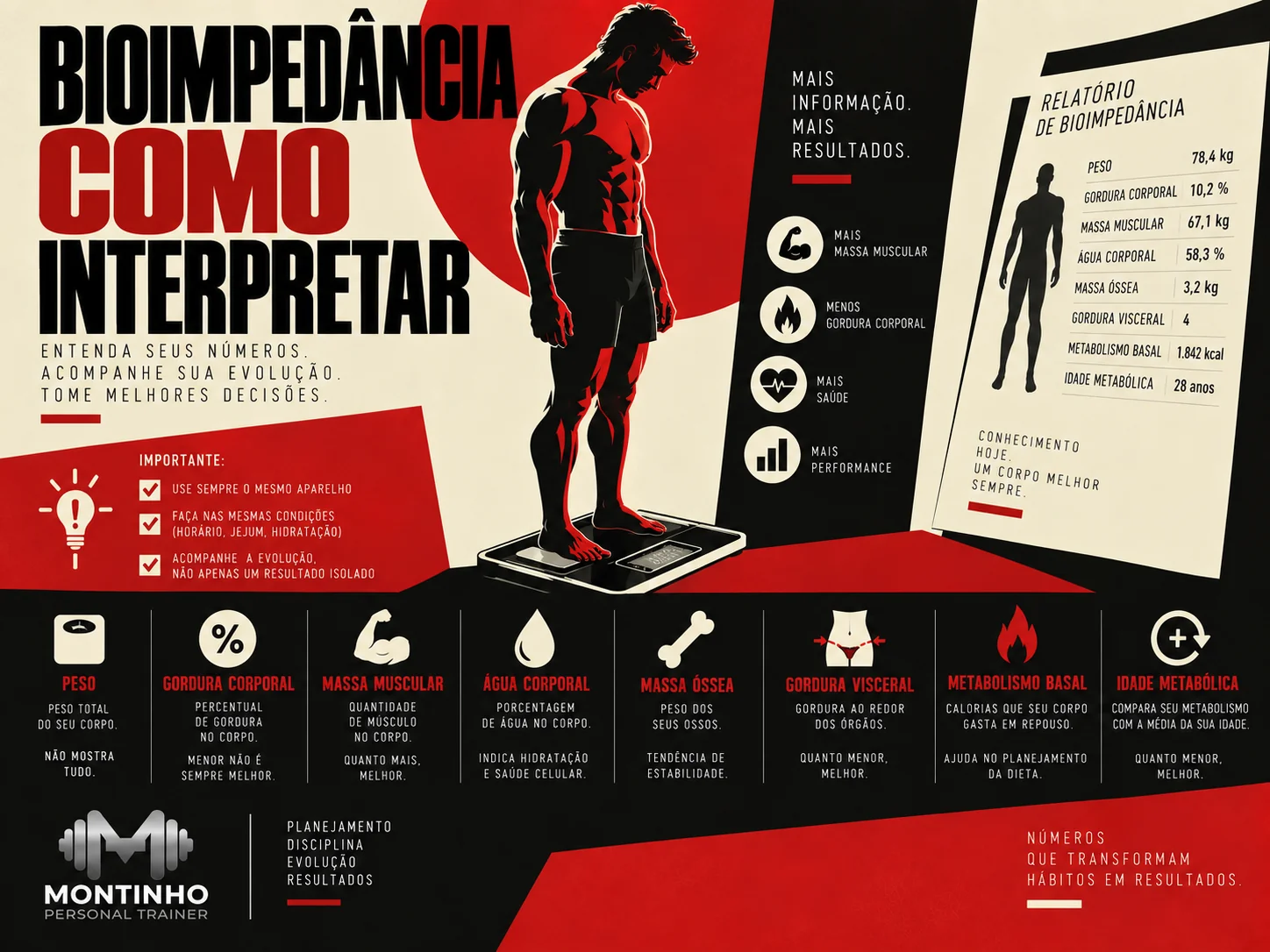 Arte de capa ilustrada sobre exame de bioimpedância e a leitura dos resultados de composição corporal