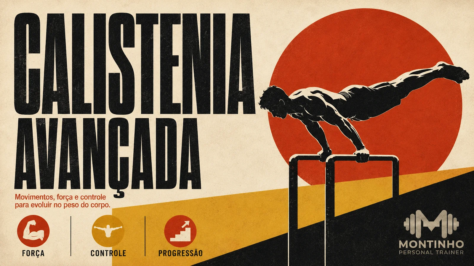 Arte de capa ilustrada de calistenia avançada, com movimentos de força usando o peso do corpo