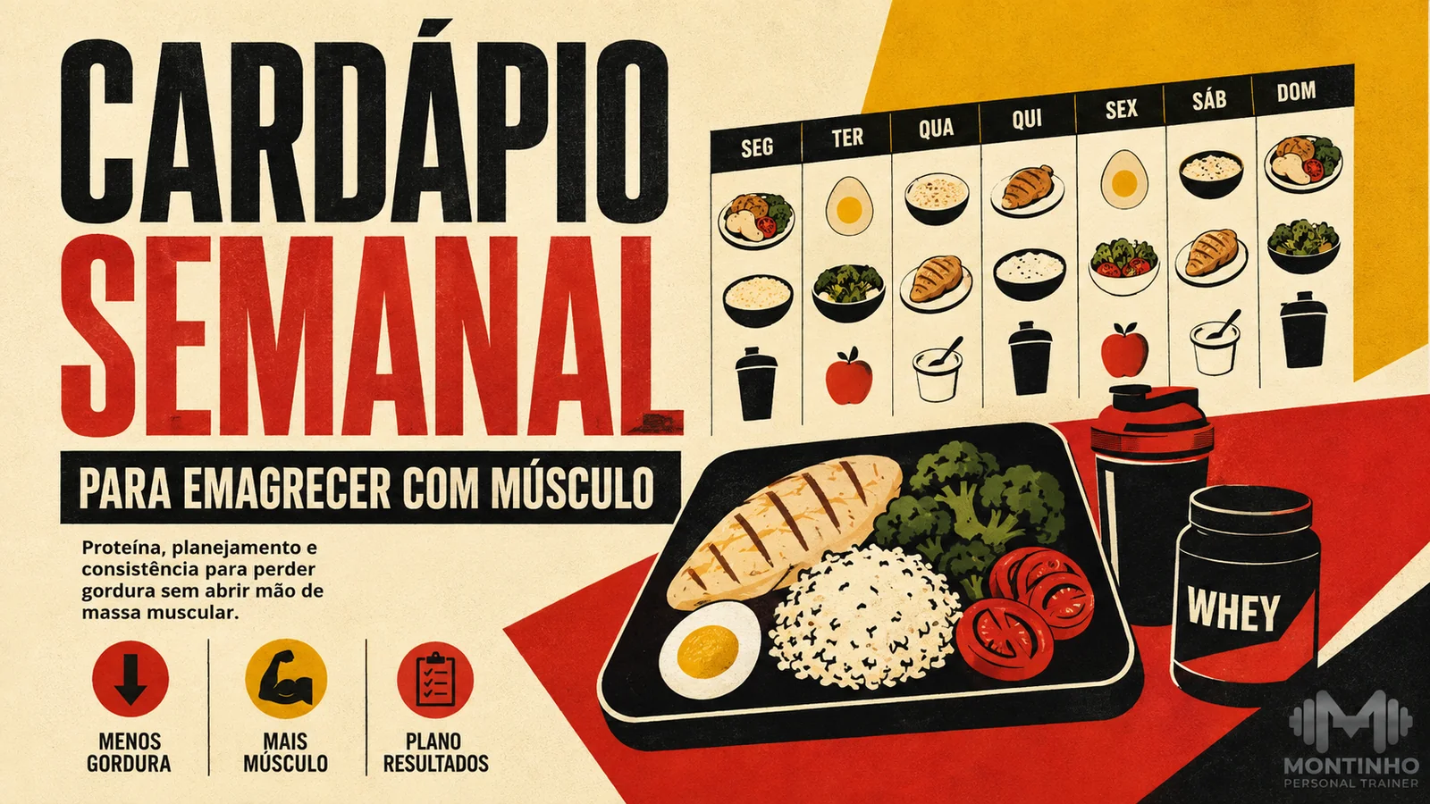 Arte de capa ilustrada de cardápio semanal para emagrecer preservando massa muscular
