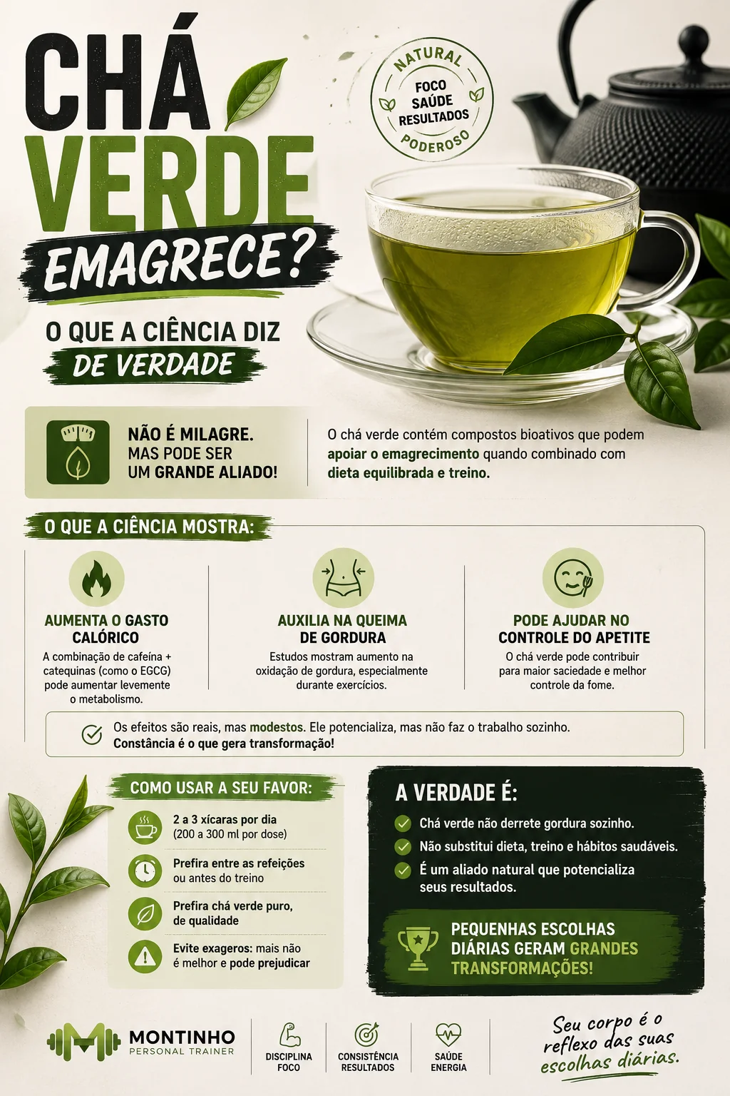 Chá verde emagrece? Não é milagre, mas pode ser um aliado: aumenta levemente o gasto calórico, auxilia na queima de gordura e ajuda no controle do apetite — 2 a 3 xícaras por dia