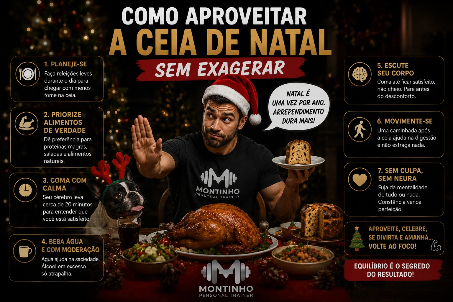Como aproveitar a ceia de Natal sem exagerar: planeje-se, priorize alimentos de verdade, coma com calma, hidrate-se, escute seu corpo e movimente-se — equilíbrio em vez de tudo ou nada