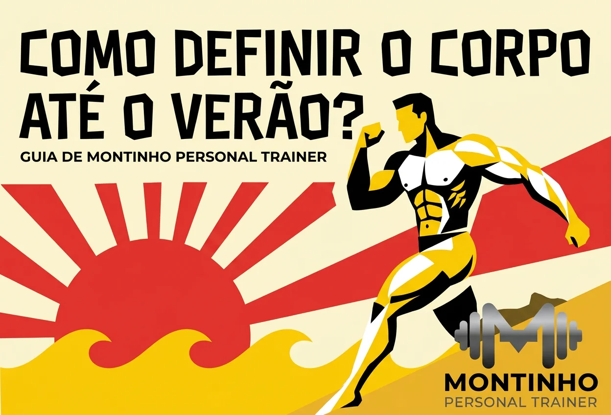 Ilustração de capa: atleta correndo com halteres em estilo retrô — guia Como Definir o Corpo até o Verão, Montinho Personal Trainer
