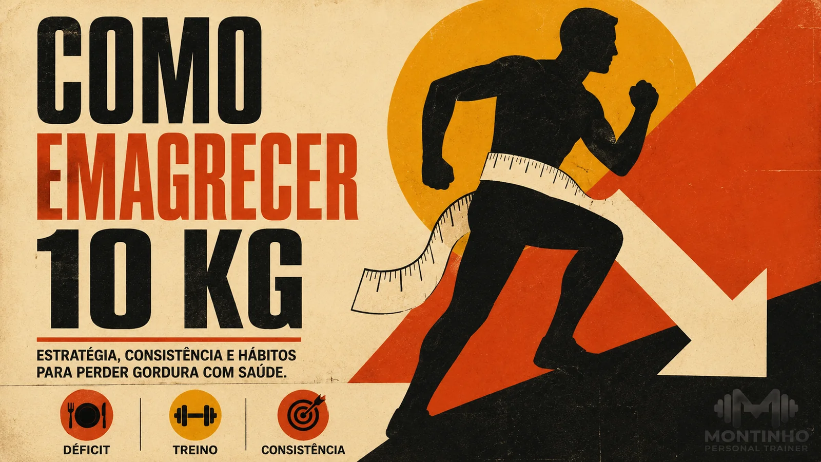 Arte de capa ilustrada sobre o processo de emagrecer 10 kg com déficit calórico, treino e consistência