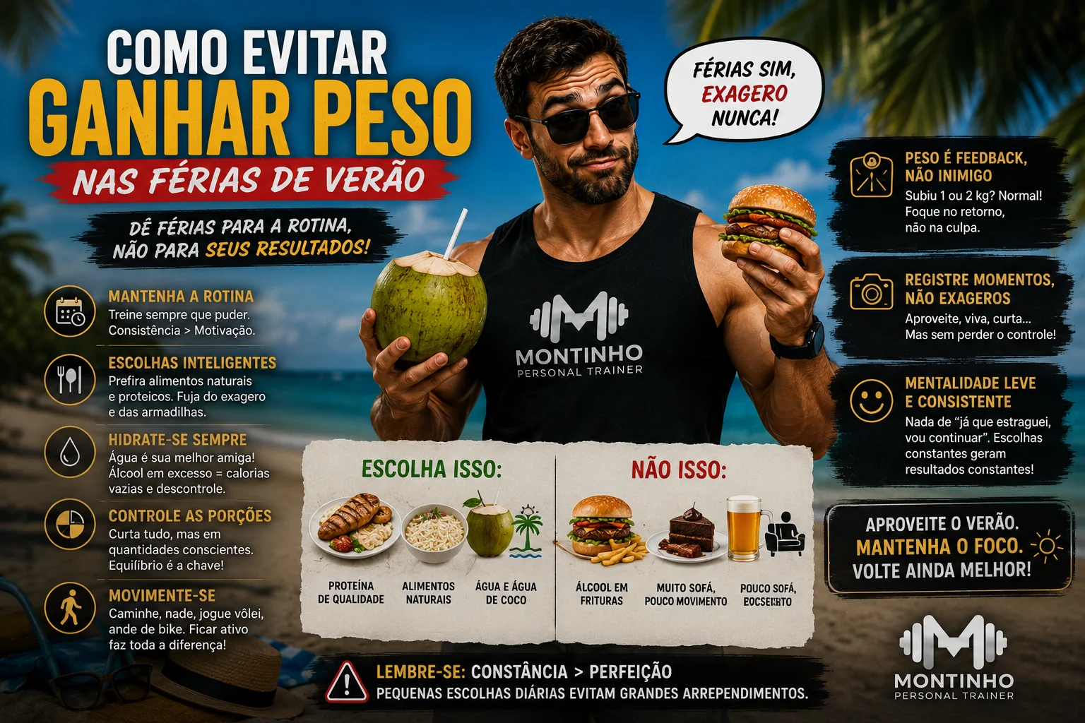 Como evitar ganhar peso nas férias de verão: mantenha a rotina, faça escolhas inteligentes, hidrate-se, controle as porções e movimente-se — férias sim, exagero nunca
