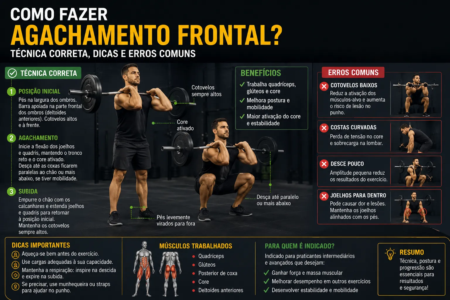 Como fazer agachamento frontal: técnica, racking e diferenças para o agachamento livre
