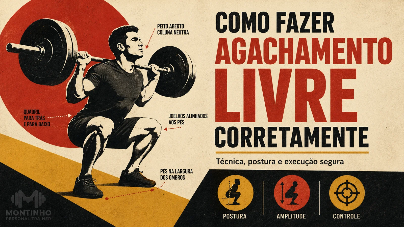 Arte de capa ilustrada: execução do agachamento livre com barra, com destaque para postura e profundidade