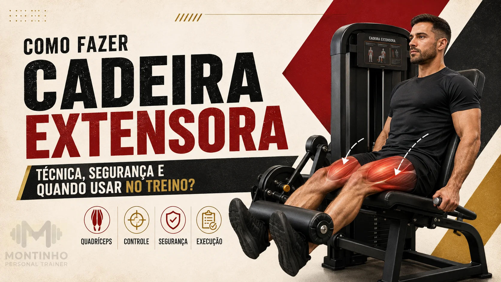 Arte de capa: homem executando cadeira extensora em máquina de academia, com destaque para quadríceps, controle, segurança e execução