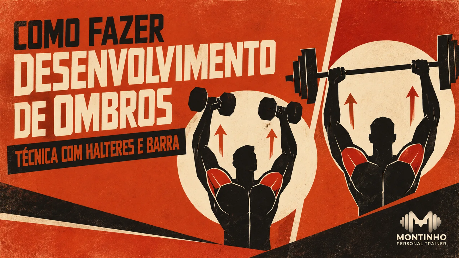 Ilustração de duas execuções do desenvolvimento de ombros lado a lado, uma com halteres e outra com barra, com os deltoides destacados e setas indicando a subida