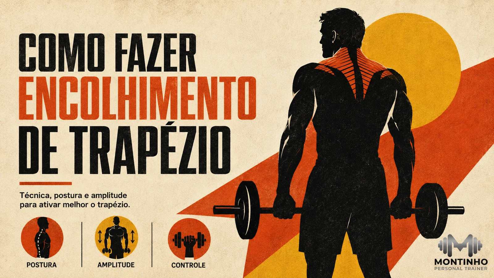Arte de capa ilustrada da execução do encolhimento para trapézio com halteres