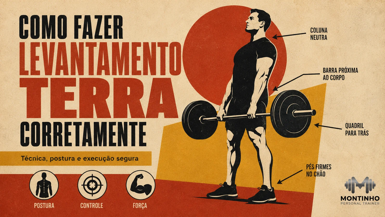 Arte de capa ilustrada: execução do levantamento terra com coluna neutra, barra próxima ao corpo, quadril para trás e pés firmes no chão
