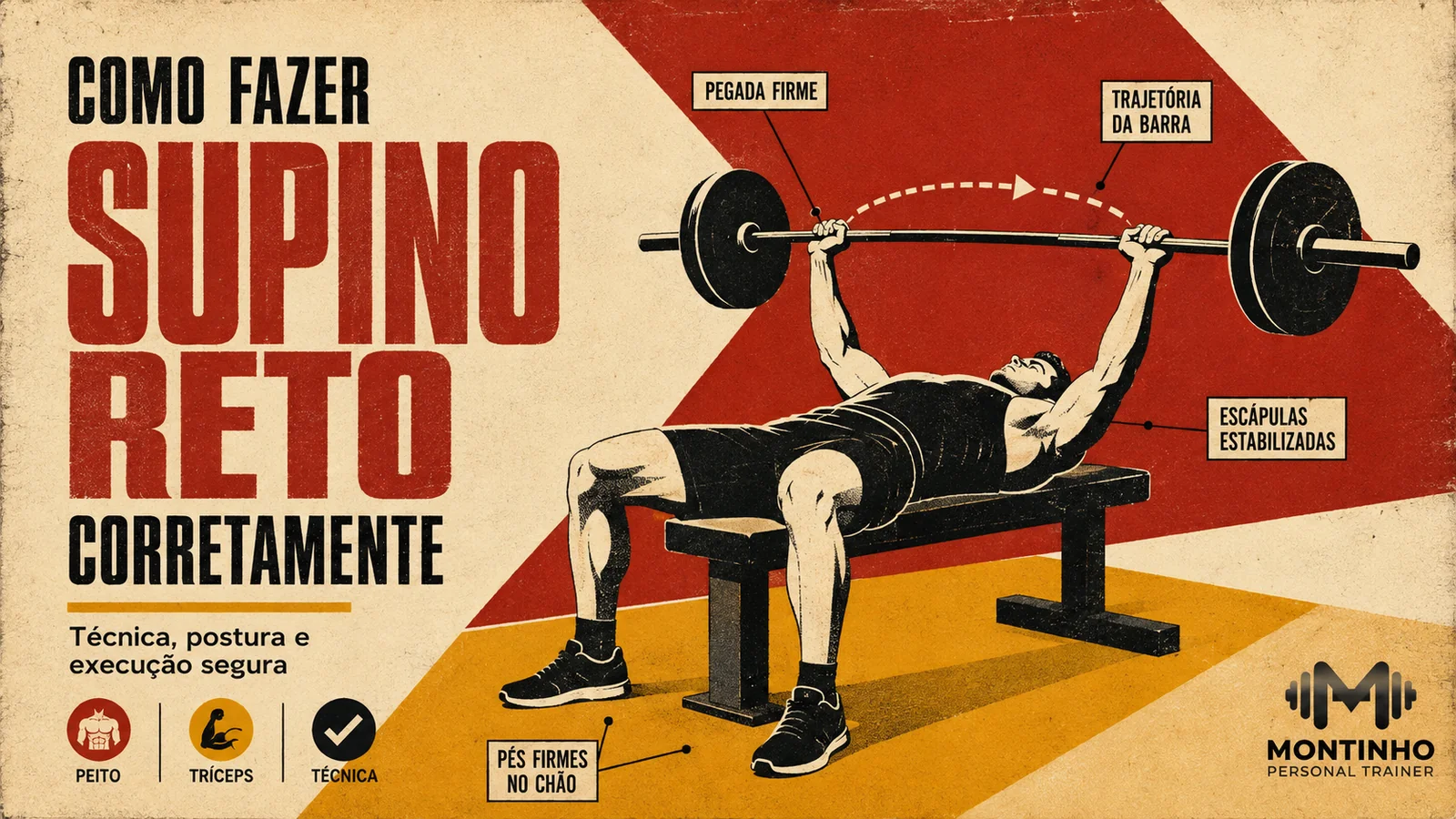 Arte de capa ilustrada: execução do supino reto com barra, com destaque para pegada firme, trajetória da barra, escápulas estabilizadas e pés firmes no chão