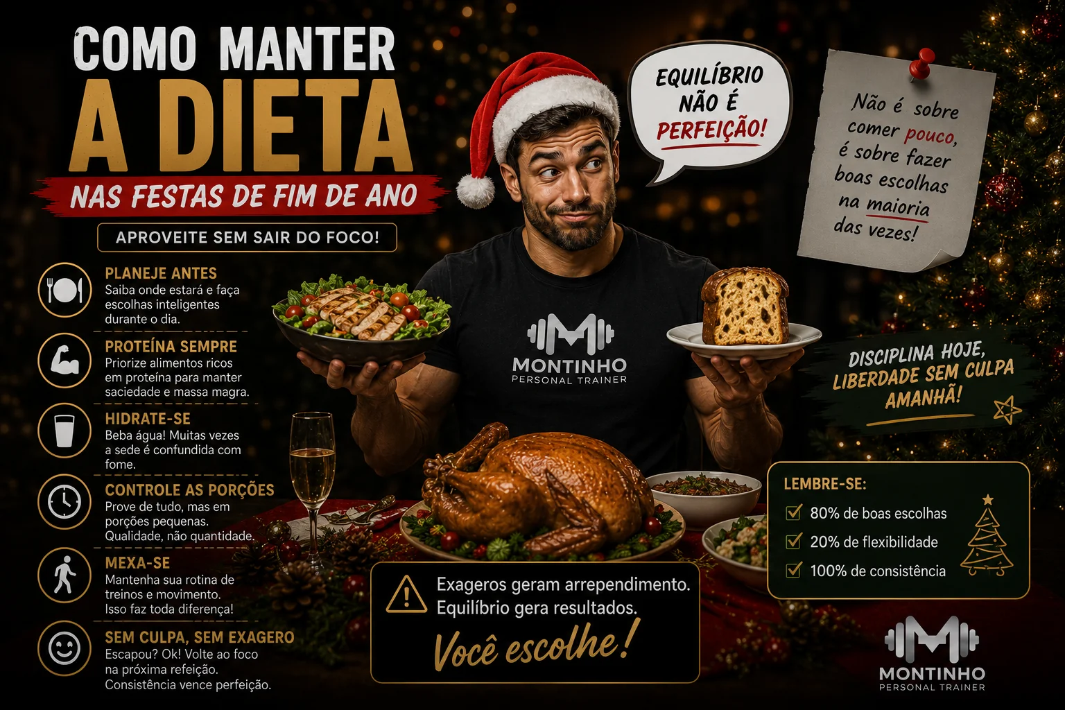 Como manter a dieta nas festas de fim de ano: planeje antes, priorize proteína, hidrate-se, controle as porções e movimente-se — 80% de boas escolhas, 20% de flexibilidade, 100% de consistência