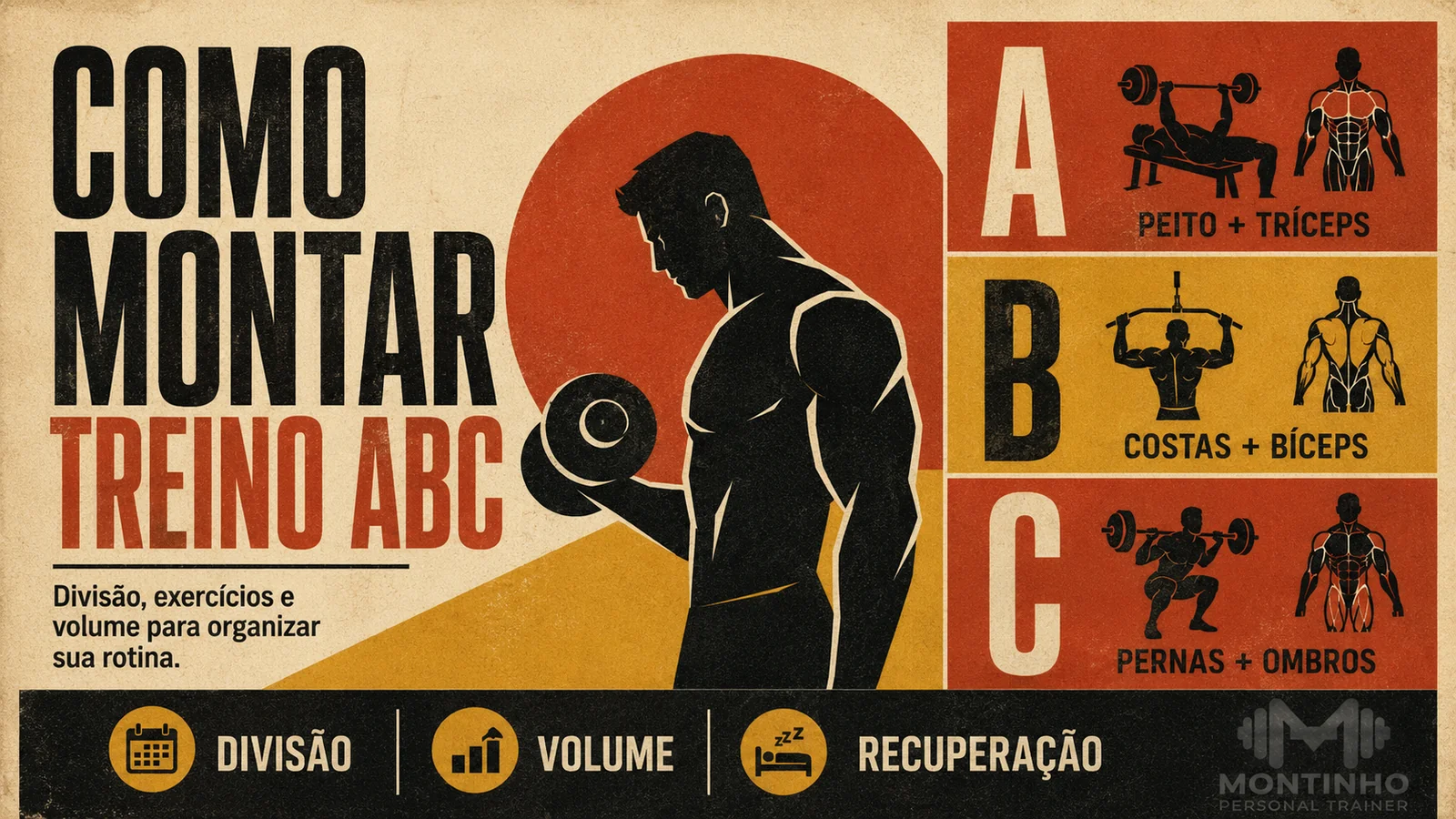 Arte de capa ilustrada sobre como montar um treino ABC, com a divisão dos grupos musculares por dia