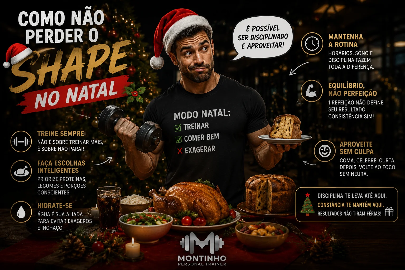 Como não perder o shape no Natal: treine sempre, faça escolhas inteligentes, hidrate-se, mantenha a rotina e aproveite sem culpa — equilíbrio, não perfeição