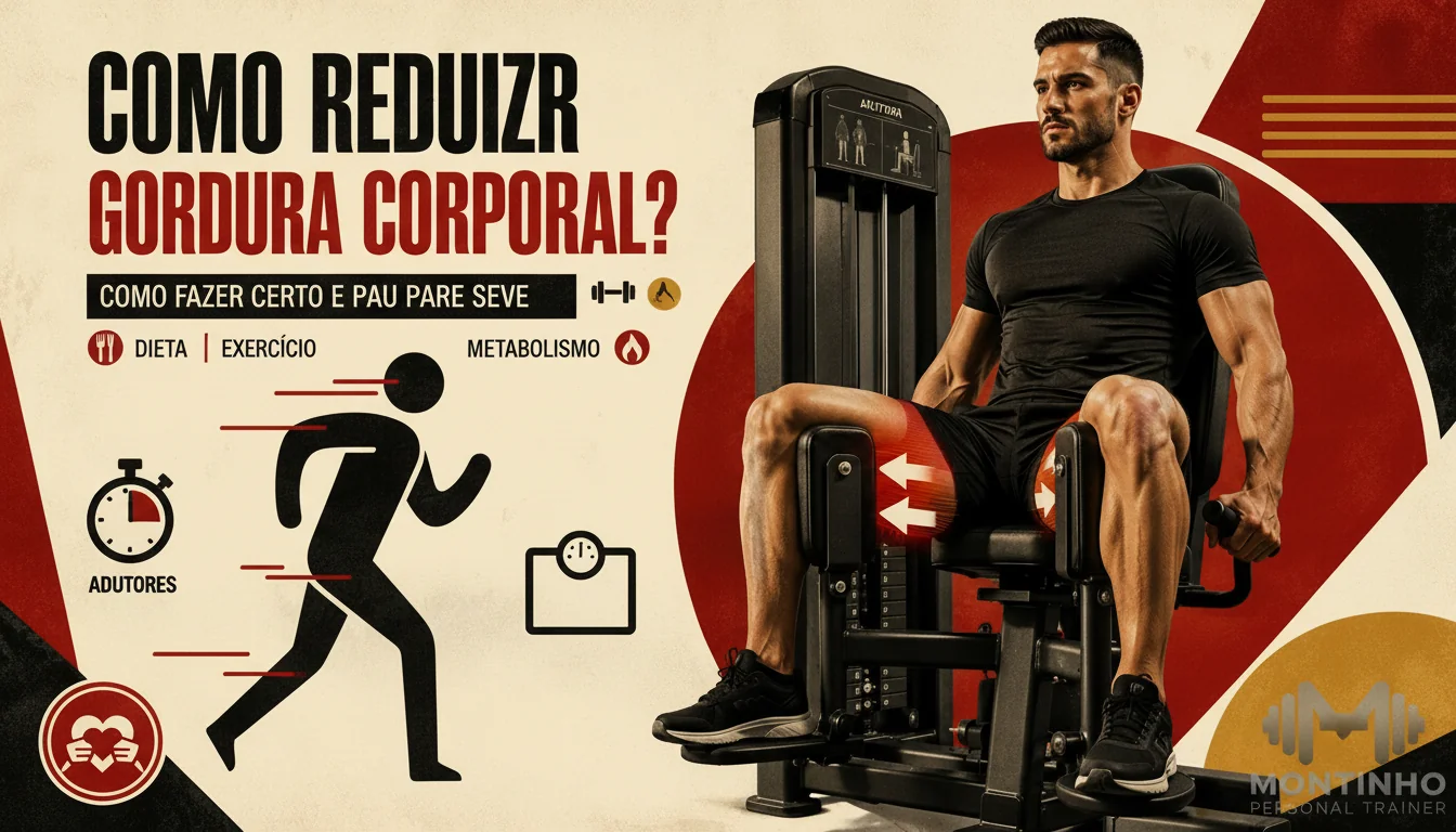 Ilustração de capa: homem treinando em máquina de academia com ícones de dieta, exercício e metabolismo — Como Reduzir Gordura Corporal, Montinho Personal Trainer