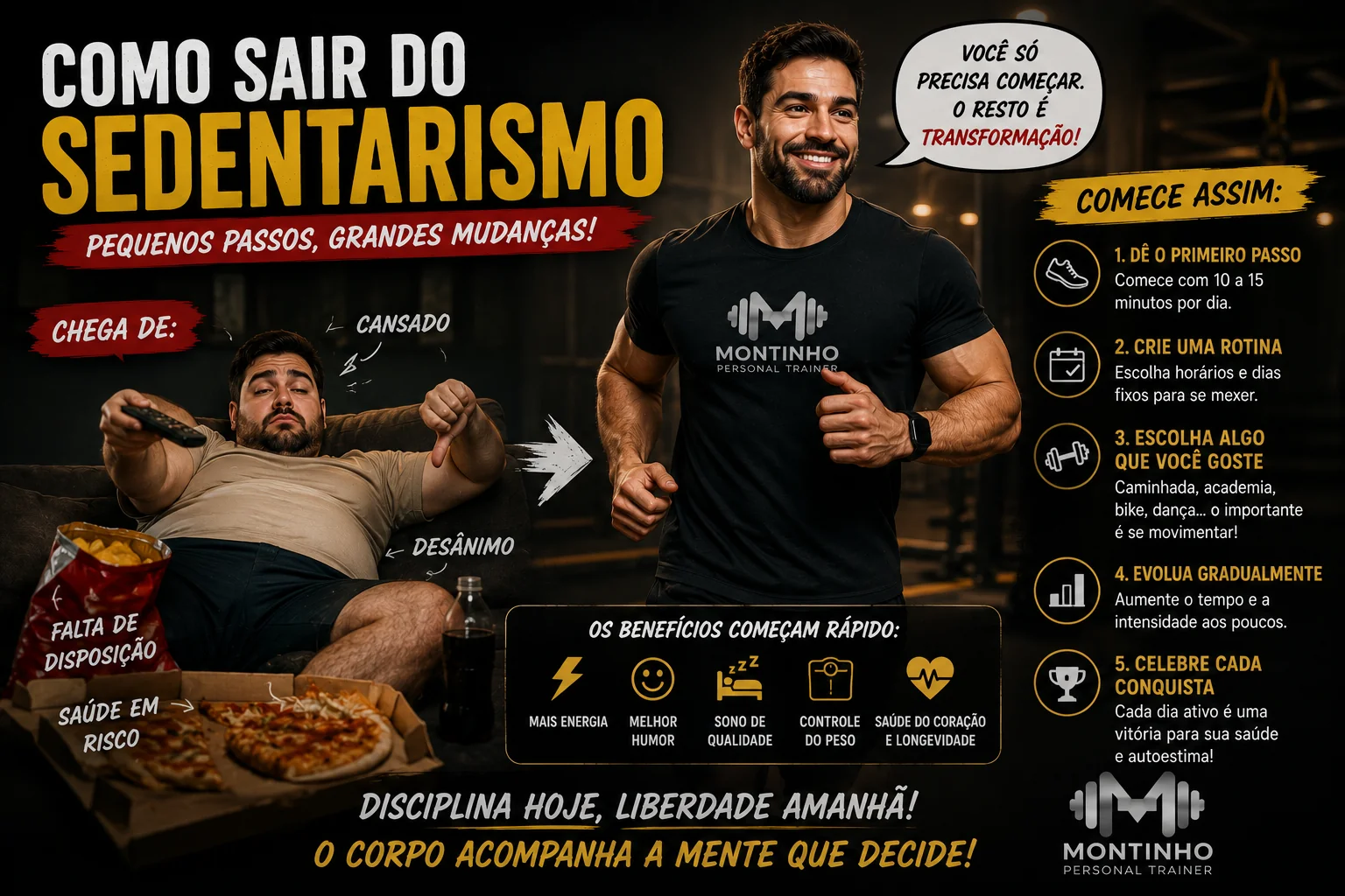 Como sair do sedentarismo: dê o primeiro passo com 10 a 15 minutos por dia, crie uma rotina, escolha algo que goste, evolua gradualmente e celebre cada conquista