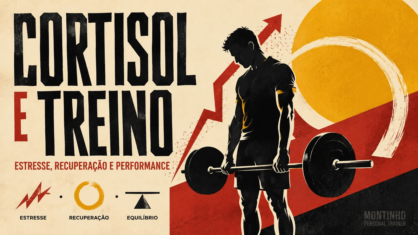 Arte de capa ilustrada: homem levantando barra com destaque para estresse, recuperação e equilíbrio — Cortisol e Treino