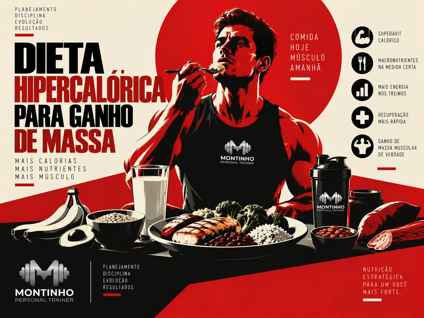 Arte de capa ilustrada sobre dieta hipercalórica para ganho de massa muscular