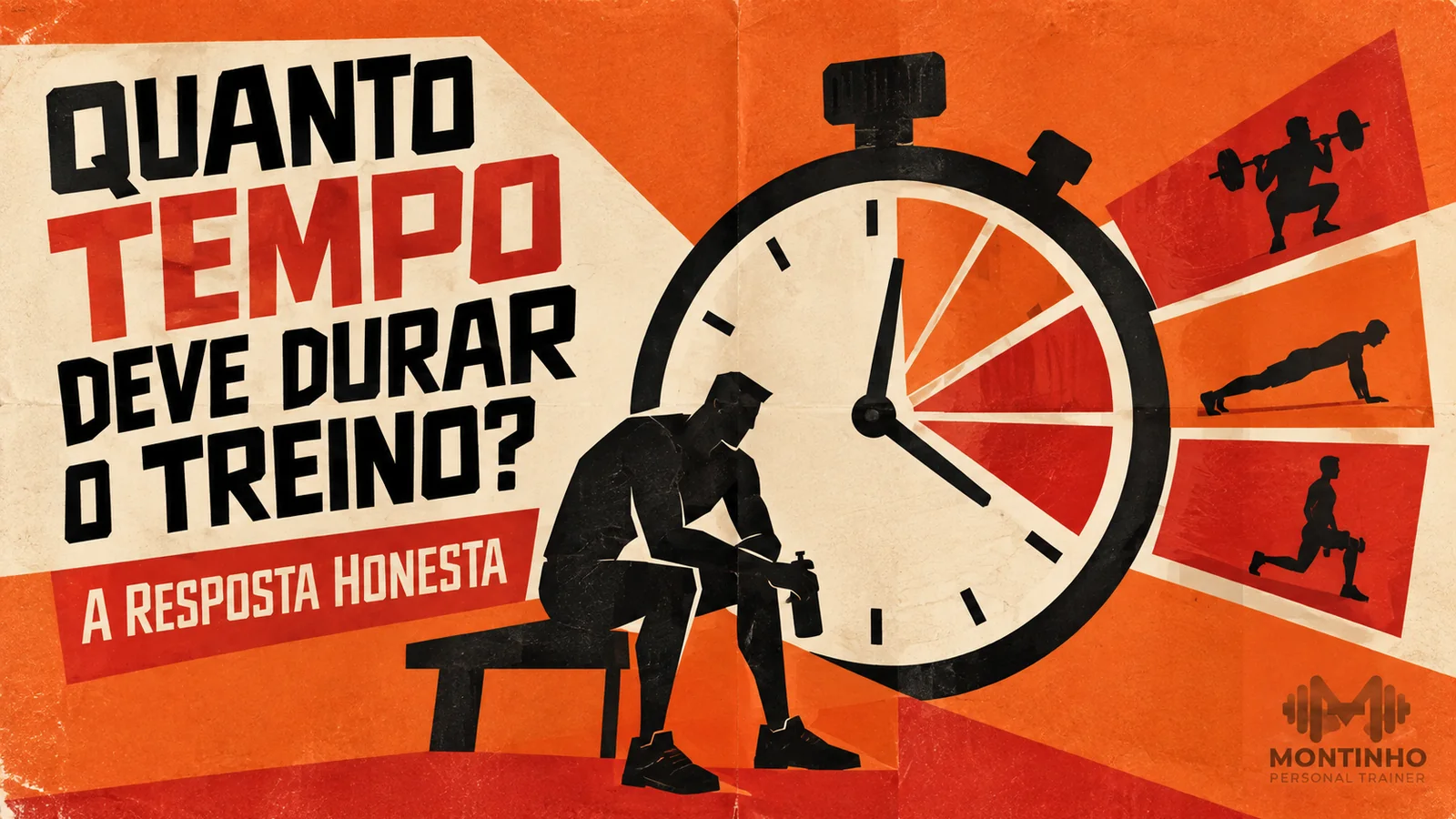 Ilustração de uma pessoa sentada no banco da academia ao lado de um cronômetro gigante, com cenas de agachamento, flexão e corrida ao lado