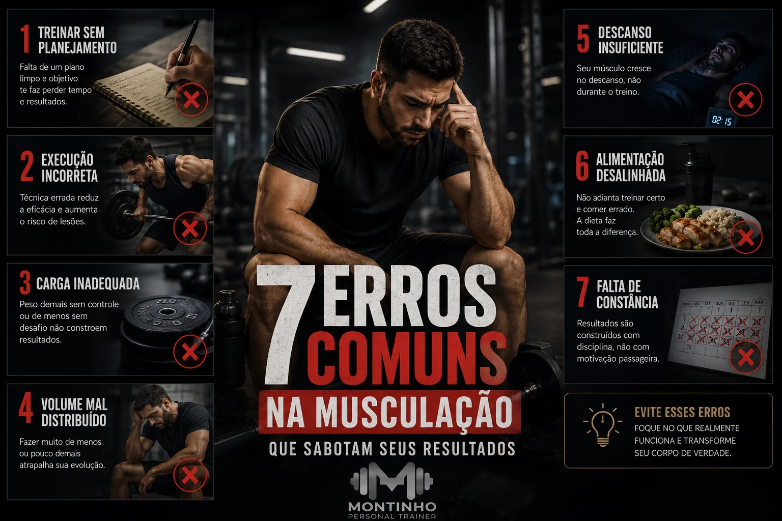 7 erros comuns na musculação que sabotam resultados: treinar sem planejamento, execução incorreta, carga inadequada, volume mal distribuído, descanso insuficiente, alimentação desalinhada e falta de constância