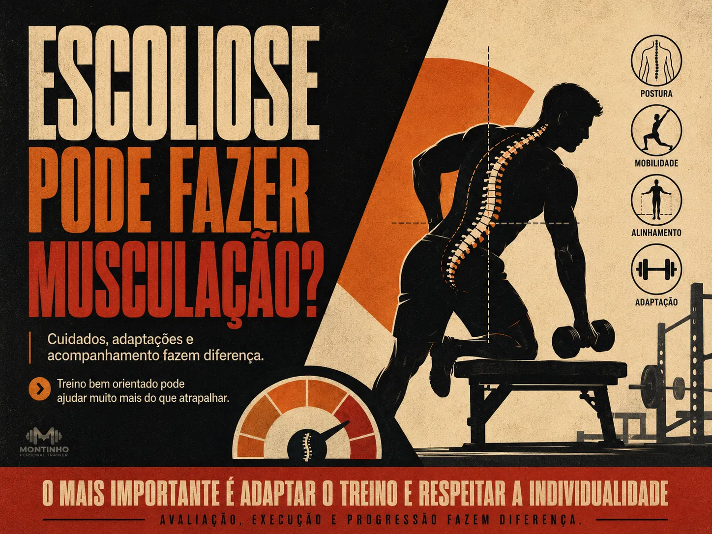 Escoliose pode fazer musculação? Sim, com adaptação e orientação — o treino de força fortalece e protege a coluna
