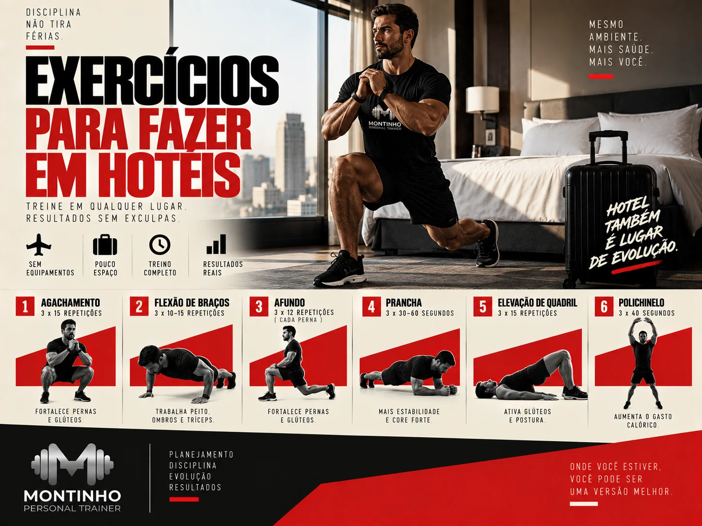 Arte de capa ilustrada sobre treinar em quarto de hotel, sem academia e sem equipamento