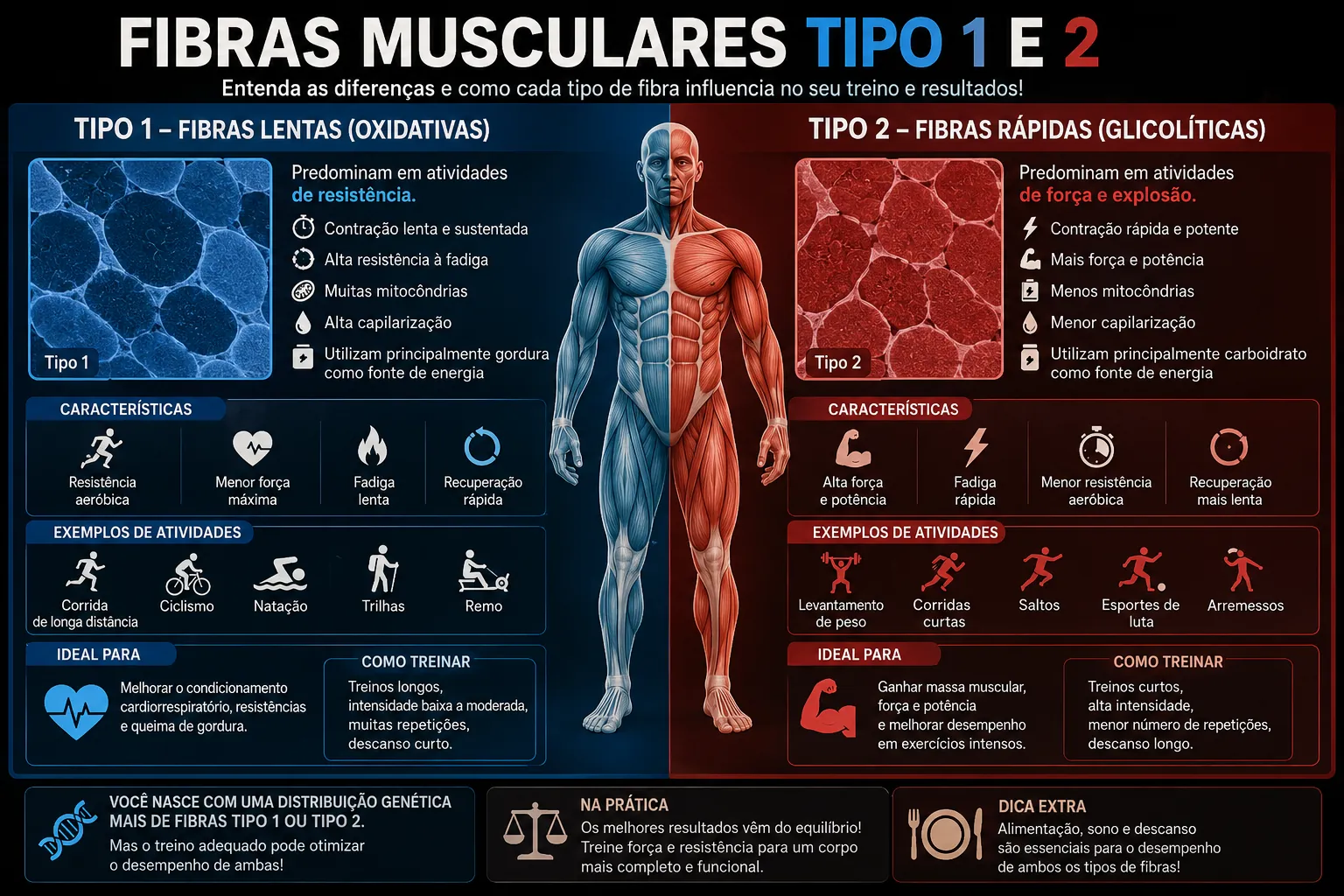 Fibras musculares tipo 1 e tipo 2: diferenças e como afetam seu treino de força e resistência