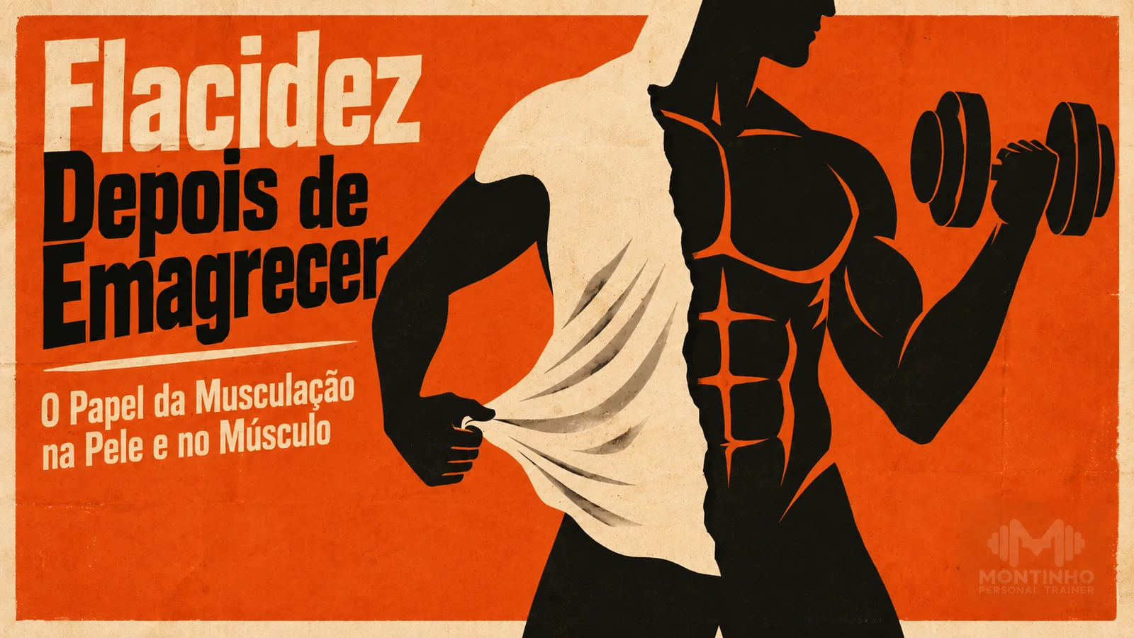 Ilustração de uma pessoa puxando a camiseta folgada sobre o abdômen enquanto levanta um haltere, com o corpo dividido entre a pele sobrando e o músculo construído
