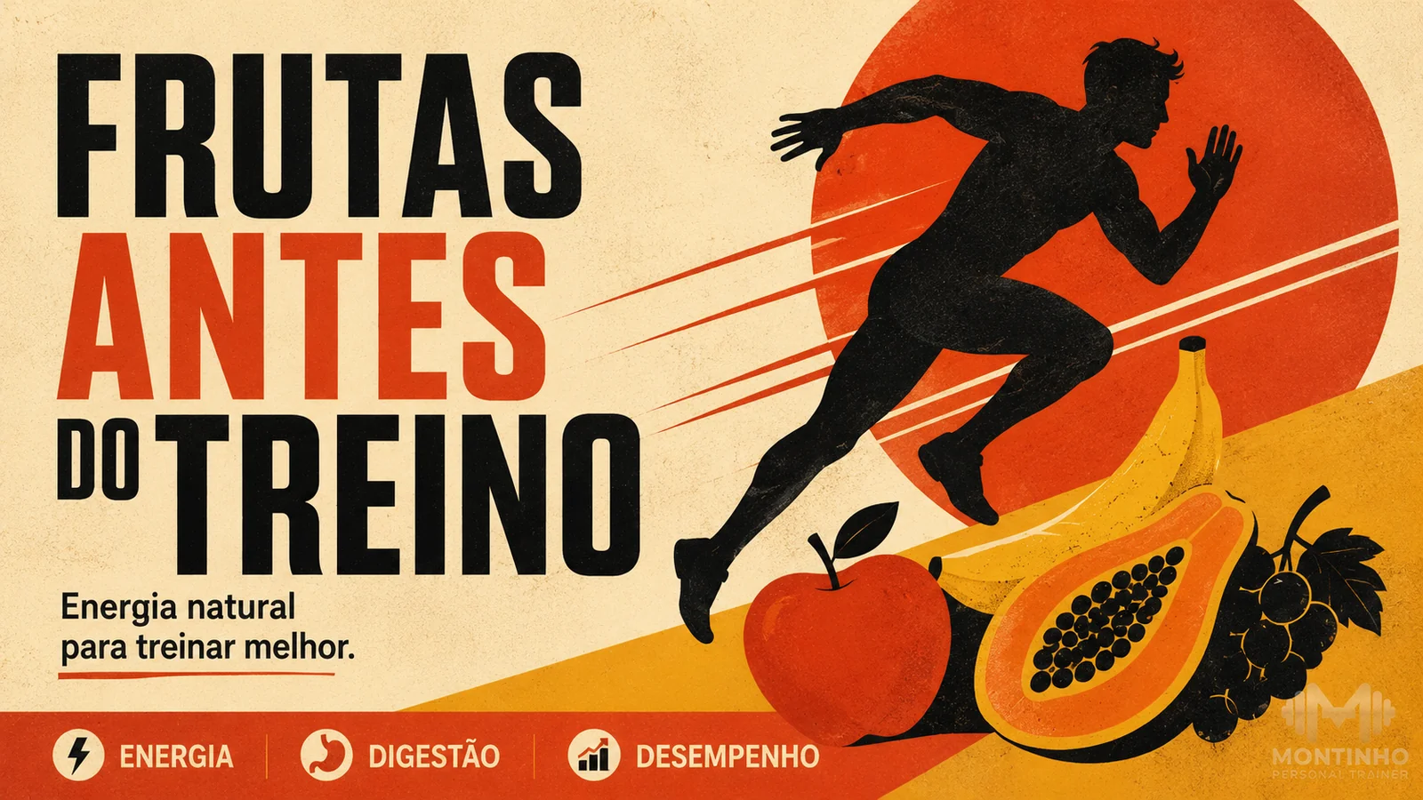 Arte de capa ilustrada com frutas consumidas antes do treino como fonte de energia