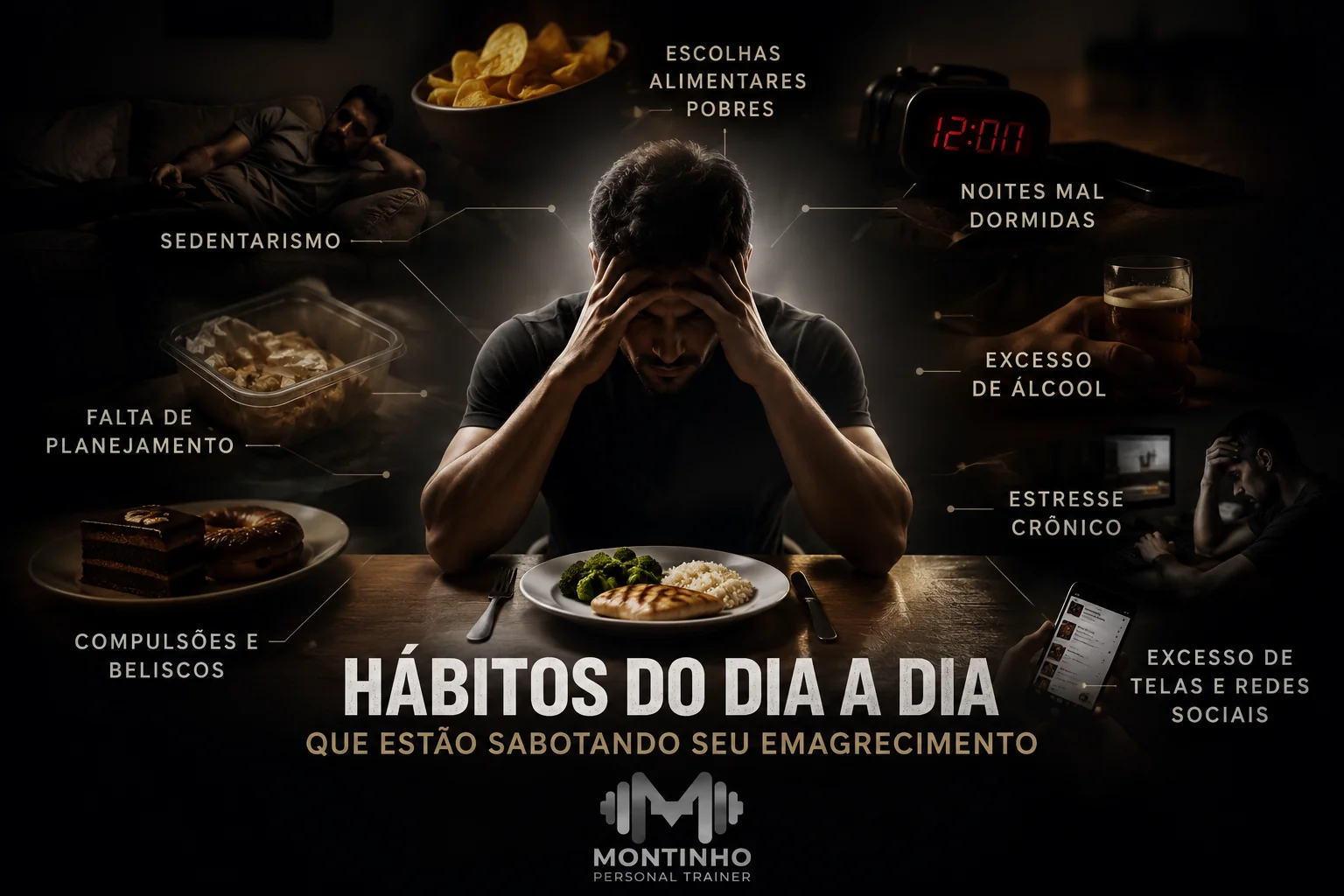 Hábitos do dia a dia que sabotam o emagrecimento: sedentarismo, noites mal dormidas, excesso de álcool, estresse crônico, beliscos e falta de planejamento alimentar