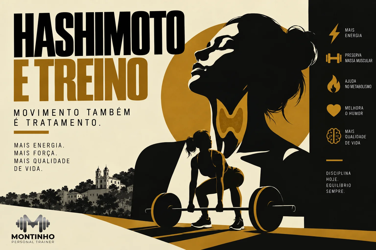 Arte de capa ilustrada sobre tireoidite de Hashimoto e treino, destacando energia, preservação de massa muscular, metabolismo e qualidade de vida