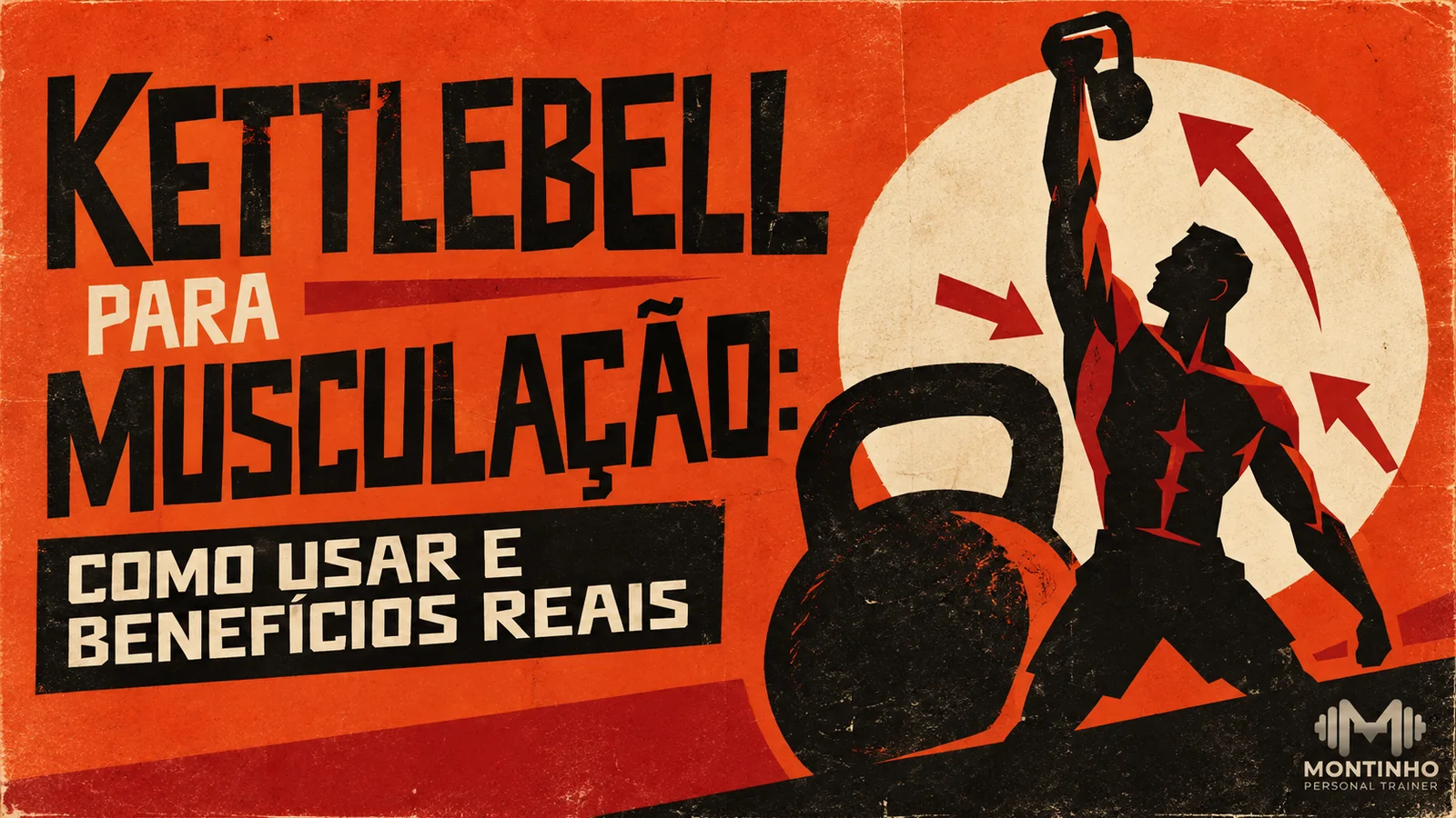 Ilustração de uma pessoa segurando um kettlebell acima da cabeça ao lado de um kettlebell apoiado no chão, com setas indicando o movimento do swing